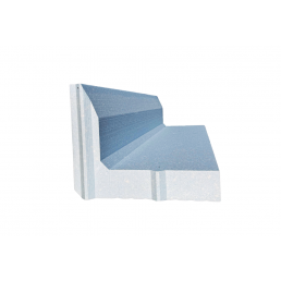 Grå L-formad grundelement med släta ytor och spår, cirka 400x500x2000 mm, tillverkad av ett robust material.