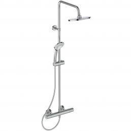 Ideal Standard's Ceratherm T25 shower system with a silver finish, adjustable hand shower and overhead shower.