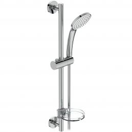 A chrome shower lift set featuring an adjustable hand shower, shower holder, and soap dish. Manufactured by Ideal Standard.