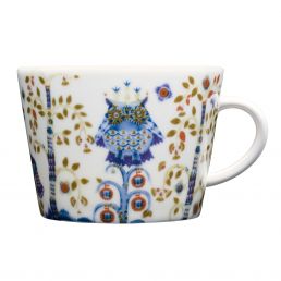 Vit Iittala Taika kaffekopp, 0,2l, dekorerad med färgglada mönster och en mytisk ugglebild.