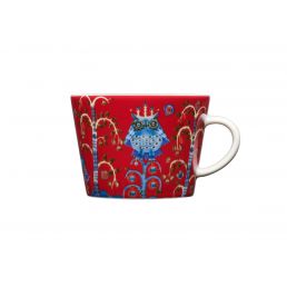 Iittala Taika kaffekopp, 0,2L, röd med blå kung och dekorativa mönster.