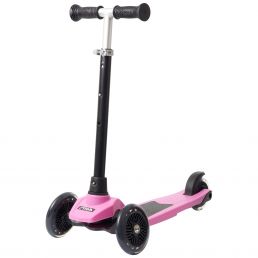 Pink and black three-wheeled scooter with adjustable height handles featuring black grips.