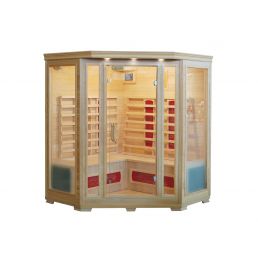 Wooden infrared sauna for four with large glass panels, built-in benches and shelves, light-colored interior, approximate dimensions 1500x650x1200x1900 mm.