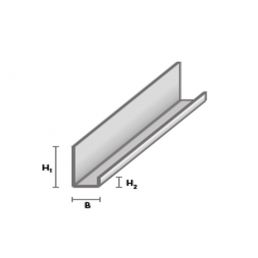 3 meter lång J-formad stålprofil, med ritning visar höjderna H₁ och H₂ samt bredden B.