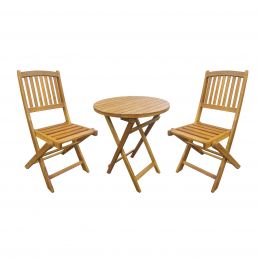 Simple and compact balcony set 'Gwen' featuring a round table (diameter 60 cm) and two folding chairs, made of light wood.