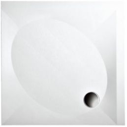 Ruut valge dušialus, mõõtmetega 900x900 mm, ovaalse süvendiga keskosas ja ühes nurgas äravooluava.