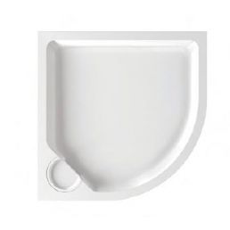 Valge, ümarate servadega ruudukujuline dušialus mõõtmetega 900x900 mm, äravooluavaga nurgas, sileda paneeliga.