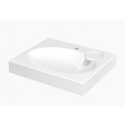 Valkoinen Claro Mini -pesuallas, koko 600x500 mm, kiinnikkeet, vesilukko ja saippualusta mukana.