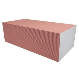 Large fireproof gypsum board Knauf RED, dimensions 1200x3000x15 mm, pinkish-white color, packaged on a pallet.