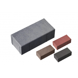 Fyra rektangulära gatstenar i olika färger: grå, röd, brun och svart, med släta ytor och skarpa kanter.