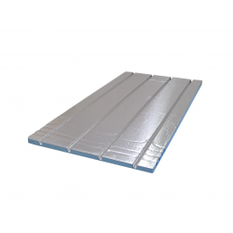 Rektangulär silverfärgad golvvärmeplatta med fyra parallella spår, mått 1200x600x25 mm.