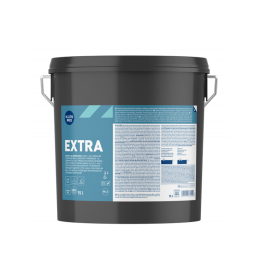 Kiilto Extra lattia- ja seinäliiman ämpäri, 1-15L, tummansininen, hopeiset yksityiskohdat ja teksti, käyttöohjeet etiketissä.