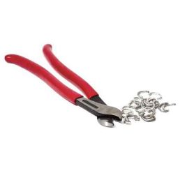 Metal clamp pliers with red handles and silver-colored clamps.