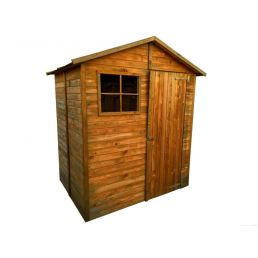 Väike puidust kuur, millel on üks uks ja väike aken. Kuur on valmistatud heledast puidust.