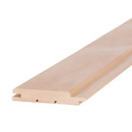 Helepruun lepapuust sisevoodrilaud, mõõtmetega 15x90 mm, mille otstes on isast ja emast liidet võimaldav soonega disain.