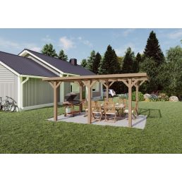 Klassisk träskydd på 3x4 meter, idealisk för trädgårdens viloområde, utrustad med bord och bänkar.