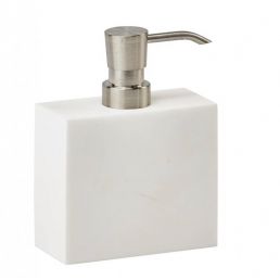 Rectangular white liquid soap dispenser with a silver pump top.