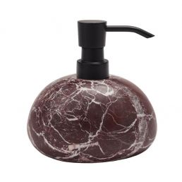 Soap dispenser with a red and white marble pattern and a black pump.