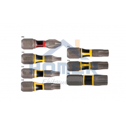 Kahdeksan metallista torsionruuvikärkeä, 25 mm pitkiä, eri väriraidoilla.