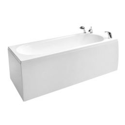 Vitt rektangulärt akrylbadkar, 1690x750 mm, med sidopaneler, ram och medföljande avloppssats, rundade kanter och kromade blandare.