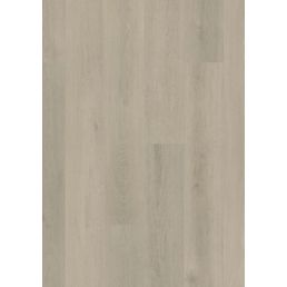 Vaaleanruskea laminaattilattia, joka jäljittelee tammea yhden laudan mallilla.