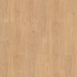 Vaaleanruskea tammi-1-lautainen laminaattilattia, sileä pinta ja näkyvät puunsyyt.