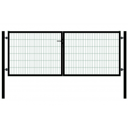 Svart dubbelbladig metallgrind för bil, med trådnätsfyllning och sidostolpar, ungefär 4000 mm bred och höjden justerbar mellan 950–1450 mm.