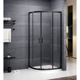 Nurgeline dušikabiin, suurusega 900x900 mm, kõrgusega 1900 mm, R550 raadius, mustad profiilid ja läbipaistev klaas.