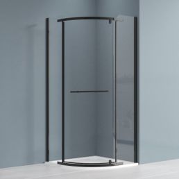 Mustade raamidega, 900x900 mm suurune dušinurk läbipaistva klaasiga, kõrgus 1950 mm, ümar esiosa, minimalistlik disain.