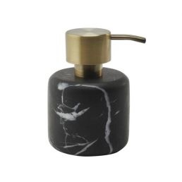 Black liquid soap dispenser with a marble pattern and a gold pump.