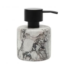 Liquid soap dispenser with a white and black marble pattern, black pump.