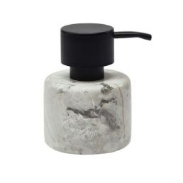 Small white Nero liquid soap dispenser with a black hand pump and a marbled surface.
