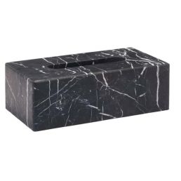 Black napkin dispenser with a marble pattern, rectangular design.