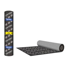 Black self-adhesive SBS bitumen underlay in a roll, partially unrolled, covers about 10 m2.