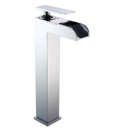 Tall chrome-finished bathroom faucet designed to control water flow in a modern style.