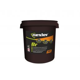 Black plastic bucket with Nexler logo, label 'Br', 20 L capacity, for bitumen primer.