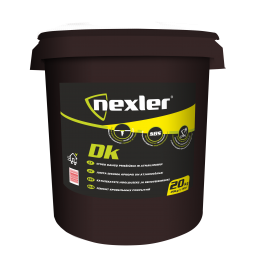20 kg dark brown plastic bucket with a Nexler label, featuring icons for elasticity and durability certificates.