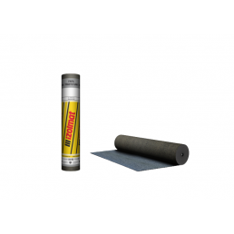 Gray roll of ruberoid underlayment Nexler (RKP350), weighing 2.0 kg/m2, located beside a metal canister with a label.