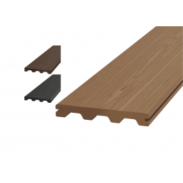 Träkomposit trallbräda, storlek 150x20x4200 mm, med spårad kant och räfflad yta, finns i brunt, mörkbrunt och svart.