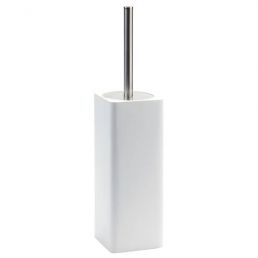 White toilet brush with holder. The brush has a traditional straight metal handle.
