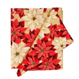 Rectangular tablecloth with a red and white poinsettia pattern on a beige background.