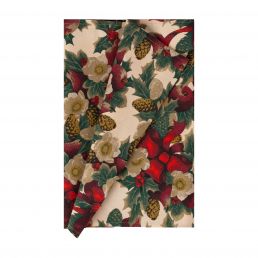 Tunn bordslöpare i storleken 43x150 cm med julmotiv av vita blommor, gröna blad, kottar och röda fåglar.