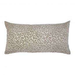 Rectangular grey cushion, 35x68 cm, covered with grey and beige leopard-patterned fabric.