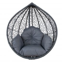Hanging chair with a dark grey mesh shell and thick cushions for comfort.