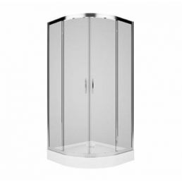 Nelinurkne dušinurk kroomitud raamiga, läbipaistvate klaasist lükandustega, valge alus, mõõtmed 900x900 mm.