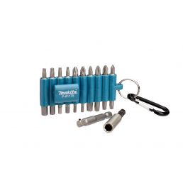 Sininen Makita-bittisarja, jossa on 21 metallista bittiä muovipidikkeessä, mukana vyöklipsi ja avainrengas.