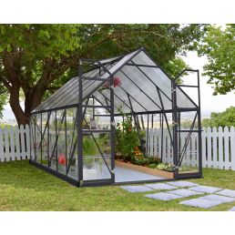 Mörkgrått Hybrid Balance-växthus på 8,9 m² med genomskinliga paneler och dubbla skjutdörrar.