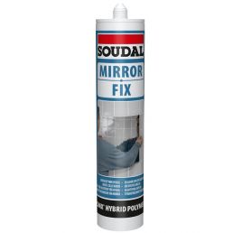 White 290 ml 'Soudal Mirror Fix' mirror adhesive tube with blue and red text describing the product.
