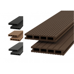 Bruna och svarta ihåliga trallbrädor i träkomposit med smala längsgående spår, storlek 150x25x4200 mm. Finns i flera färger.