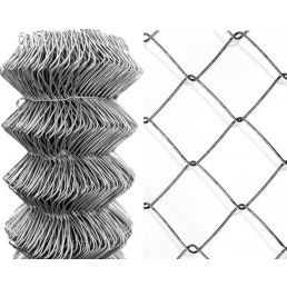 Silver-colored, galvanized metal mesh. Two meters high and 12.5 meters long. Consists of a flexible braided design and reinforced laths.